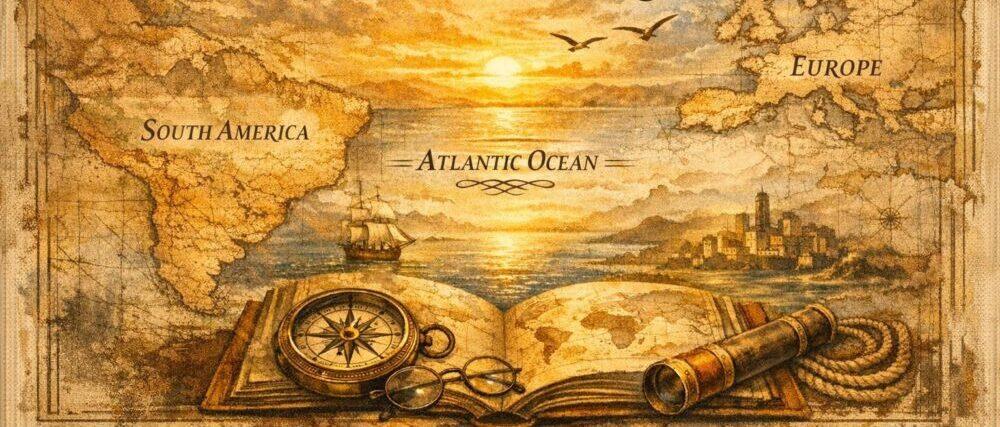 oude atlas landkaar, Europa, Atlantische Oceaan, Zuid-Amerika