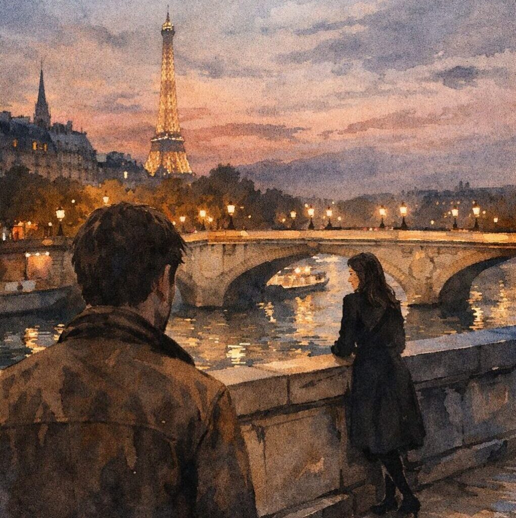 Watercolor illustration of a man and woman by the Seine in Paris at night with the lit Eiffel Tower