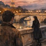 Paris Watercolor illustration of a man and woman by the Seine in Paris at night with the lit Eiffel Tower