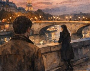 Watercolor illustration of a man and woman by the Seine in Paris at night with the lit Eiffel Tower