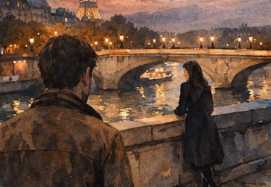 Watercolor illustration of a man and woman by the Seine in Paris at night with the lit Eiffel Tower
